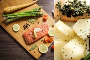 आलू और सब्जियों वाली बेक्ड सामन फिश रेसिपी